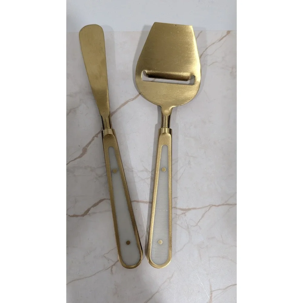 Anthropologie Gold Cheese Serving Set Spreader and Slicer White Inlay Handles